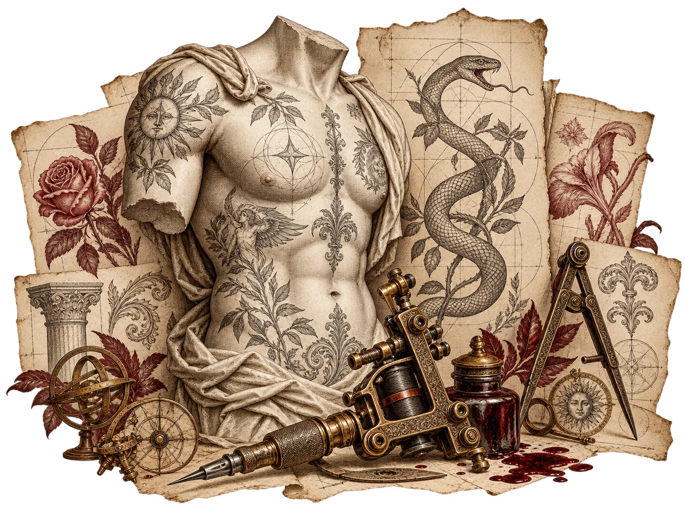 Engraved collage: a classical torso with tattoos, a snake, roses and tattoo tools