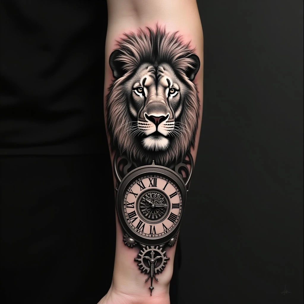 Majestic Lion and Timepiece Tattoo Design