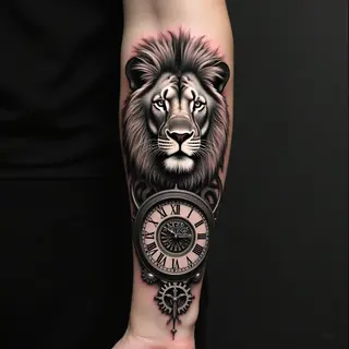 Majestic Lion and Timepiece Tattoo Design