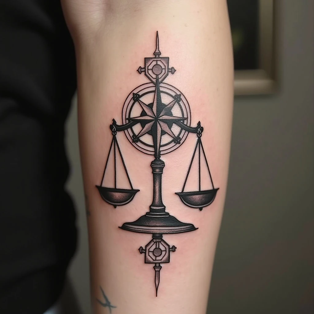 Geometric Scales & Compass Flash Tattoo Design