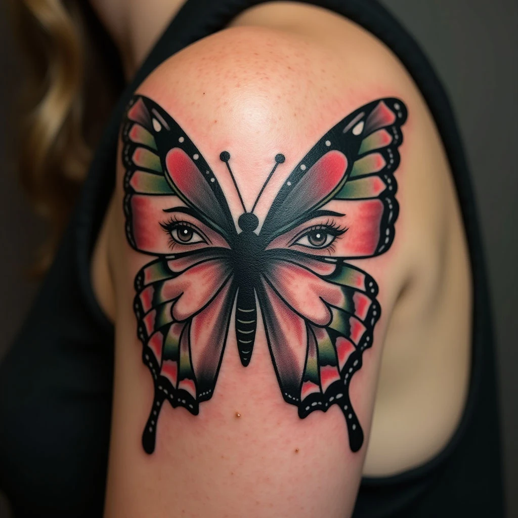 American Traditional Butterfly Girl Tattoo on Stomach
