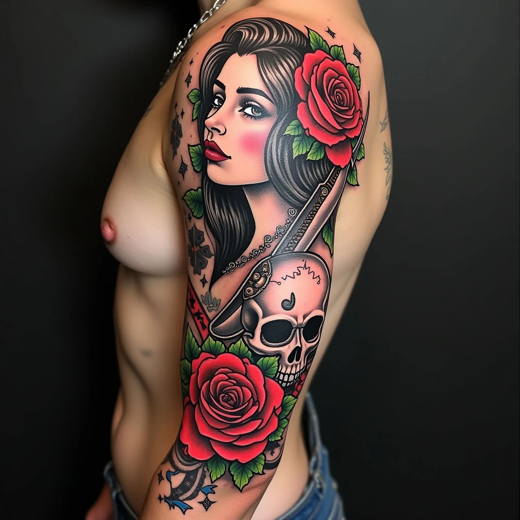 Classic American Traditional Sleeve Tattoo Design