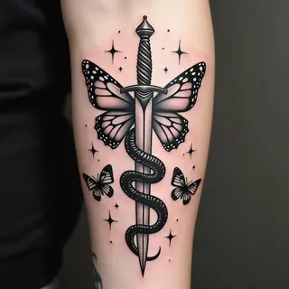 American Traditional Snake Dagger Tattoo Design