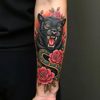 American Traditional Panther and Snake Tattoo Design
