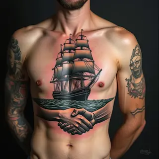 American Traditional Ship and Handshake Tattoo Design