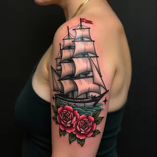Classic American Traditional Ship Tattoo on Upper Arm