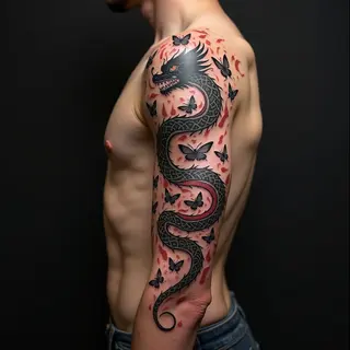 American Traditional Sleeve: Dragons, Butterflies & Serpents