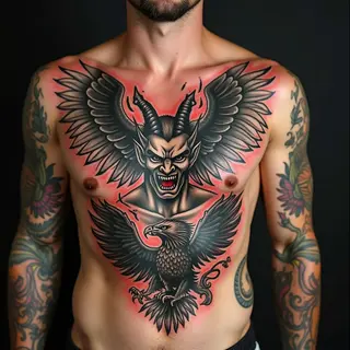 American Traditional Chest Piece: Demon, Dragon, and Eagle