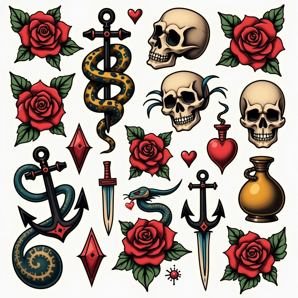Classic American Traditional Flash Sheet Tattoo Design