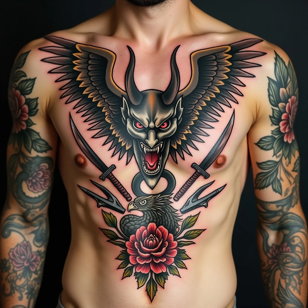 American Traditional Chest Piece: A Fusion of Myth and Tradition