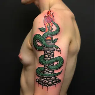 American Traditional Trio: Snake, Flower, and Tower Tattoo Design