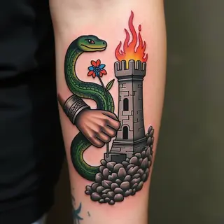 American Traditional Tattoo Design: Snake, Flower, and Tower