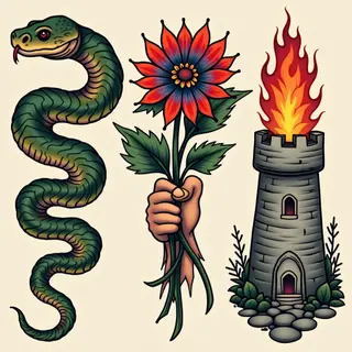 American Traditional Flash Sheet: Snake, Flower & Tower