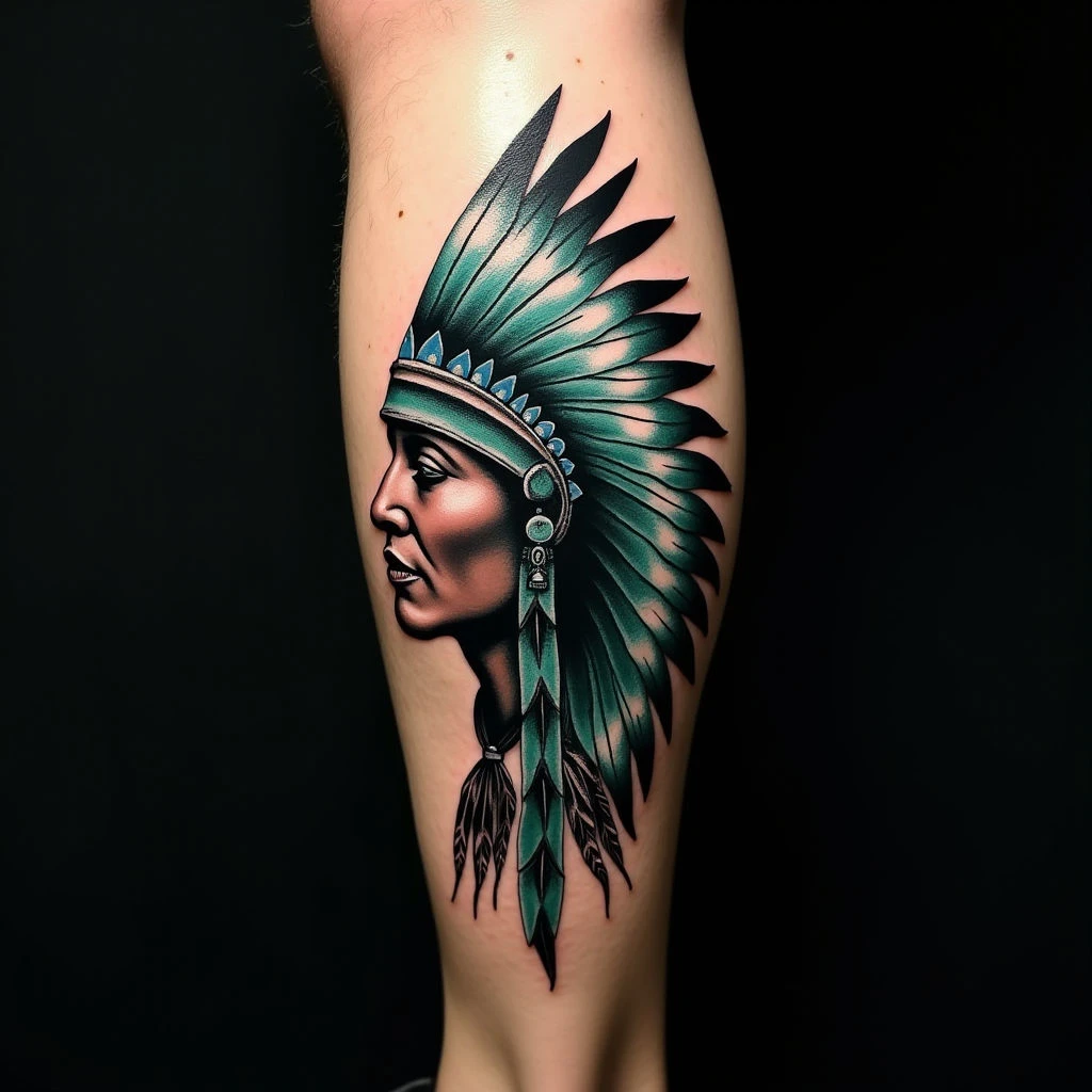Majestic Native American Calf Tattoo Ideas - Old School Style