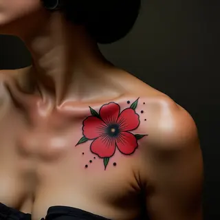 Small Red Flower Tattoo on Collarbone - Trash Polka Style