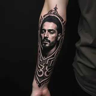 Religious Portrait and Tribal Arm Tattoo Design