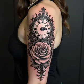 Ornate Clock and Rose Arm Sleeve Tattoo Design