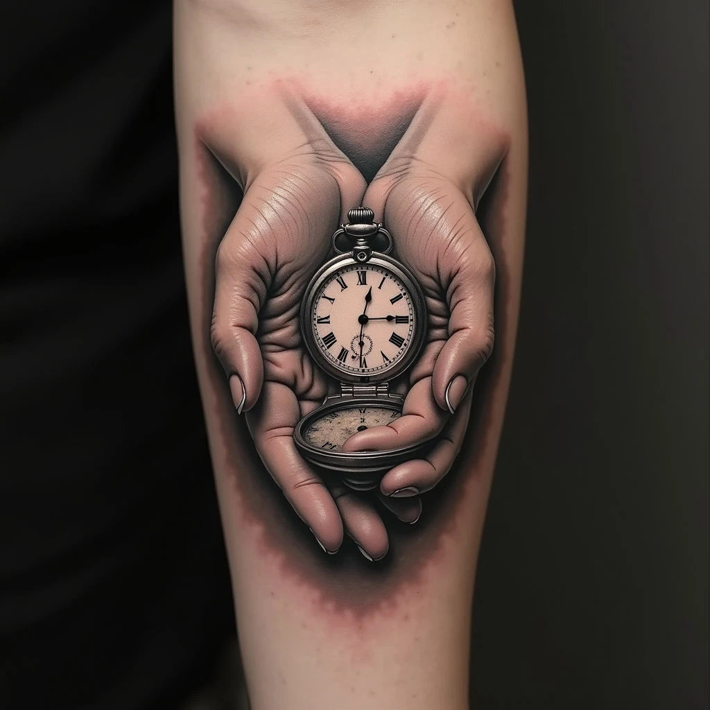 Intricate Hand and Clock Tattoo: A Symbol of Connection and Time