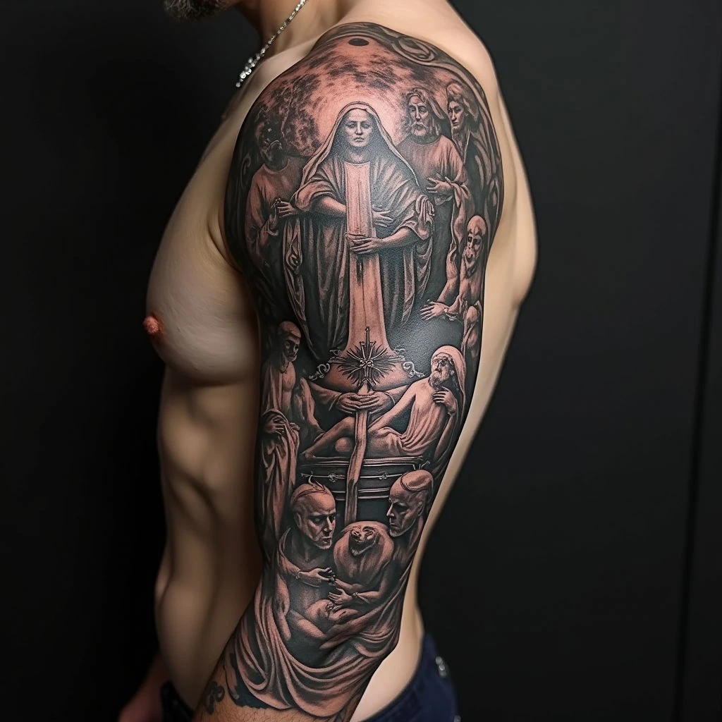 Detailed Religious Scene Arm Tattoo