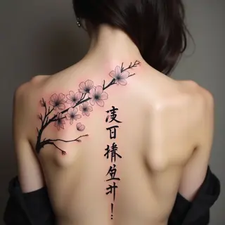 Elegant Cherry Blossom and Calligraphy Back Tattoo