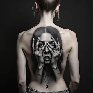 Surreal Portrait Back Tattoo: A Study in Shadows and Expression