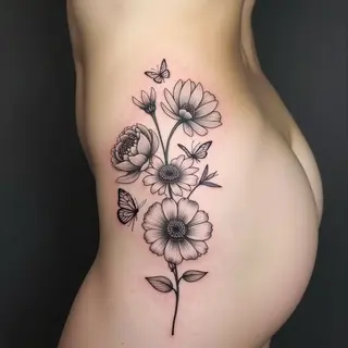 Delicate Floral and Butterfly Hip Tattoo Design