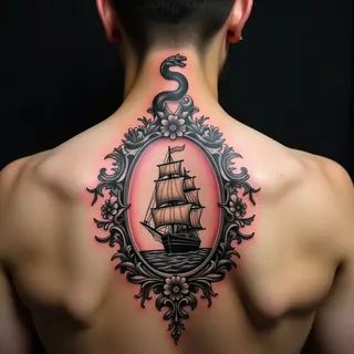 Detailed American Traditional Ship and Serpent Tattoo
