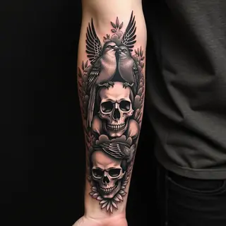 American Traditional Forearm Tattoo: Birds, Skulls & Portraits