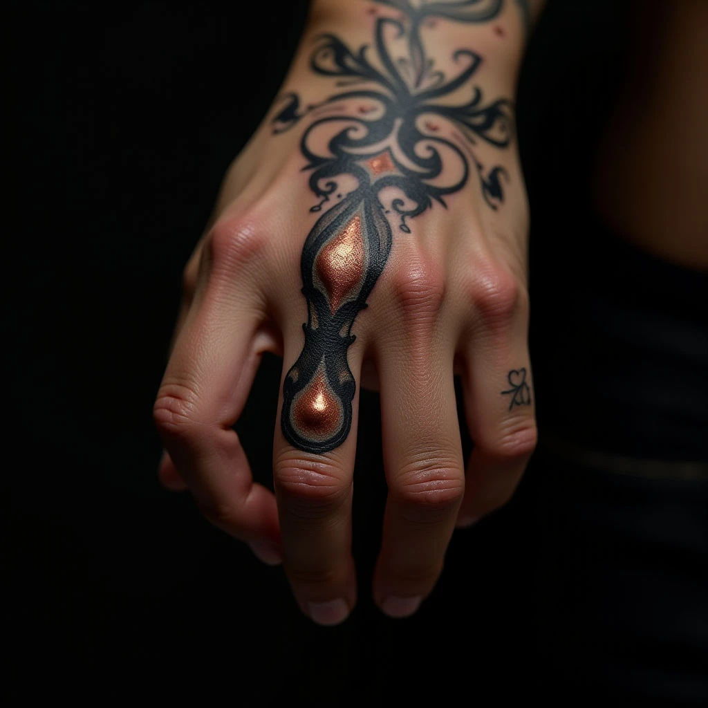 Bold Abstract Finger Tattoo in Copper Shades