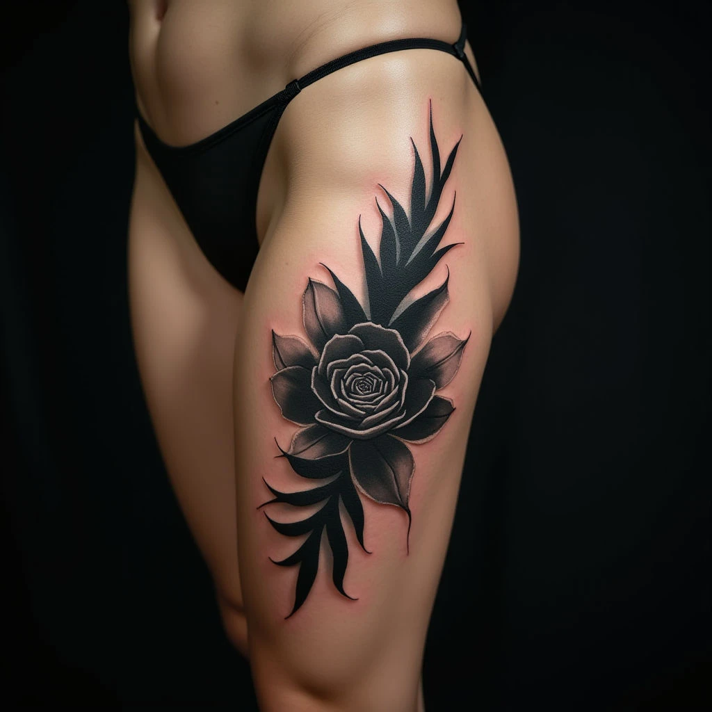 Men's Watercolor Thigh Tattoos: Bold Black & Grey Designs