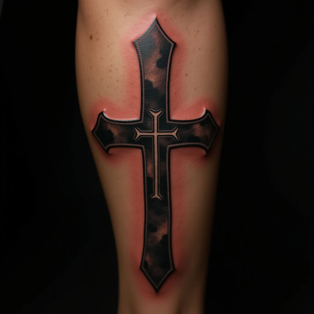 Powerful Black and Grey Cross Tattoos for Your Leg