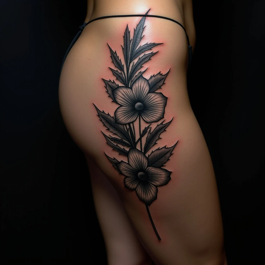 Illustrative Blue & Black Thigh Tattoos for Women