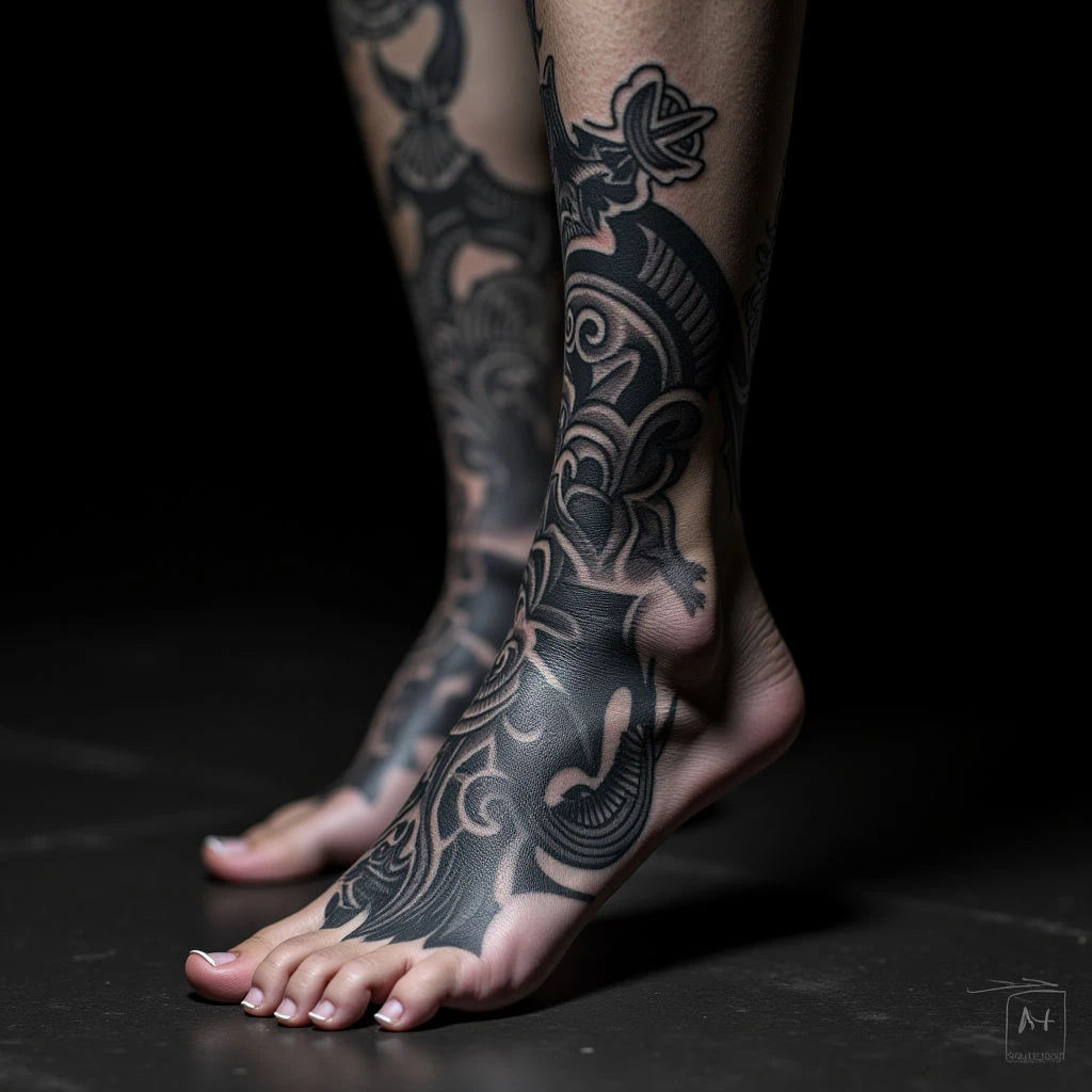Biomechanical Foot Cover Up: Transforming Black & Grey Tattoos