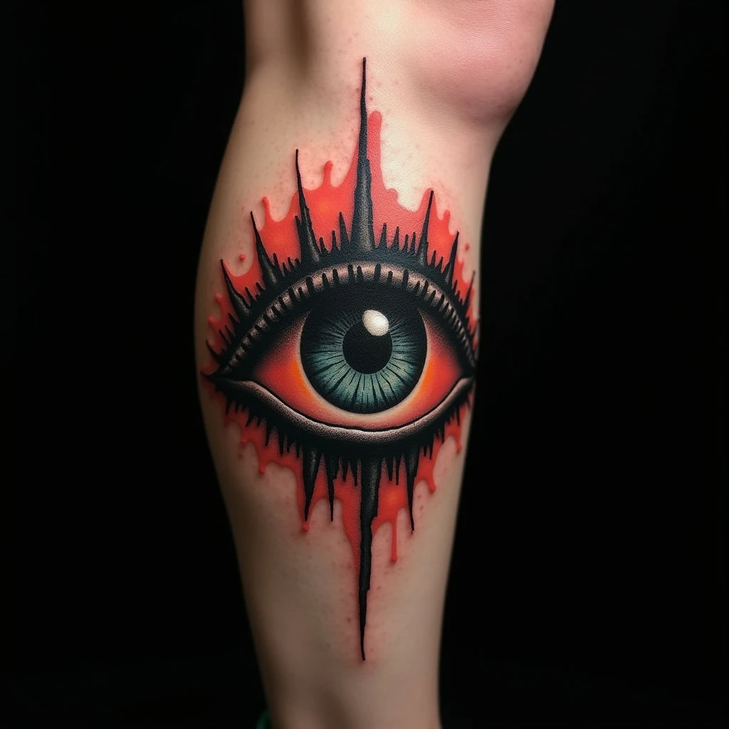 Multicolor Evil Eye Tattoo on Leg - Trash Polka Style