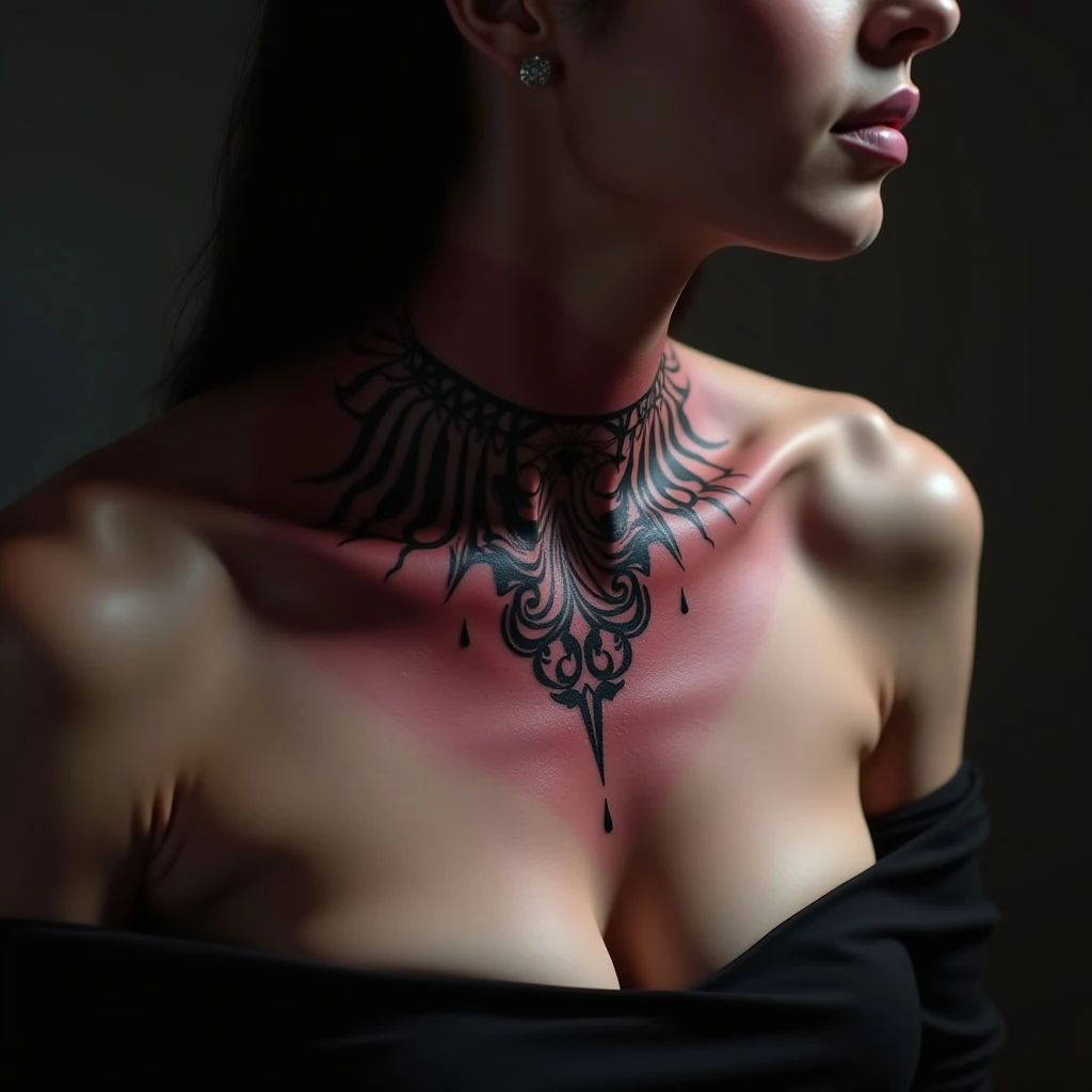 Gothic Collarbone Tattoo Ideas in Red, Black & Grey