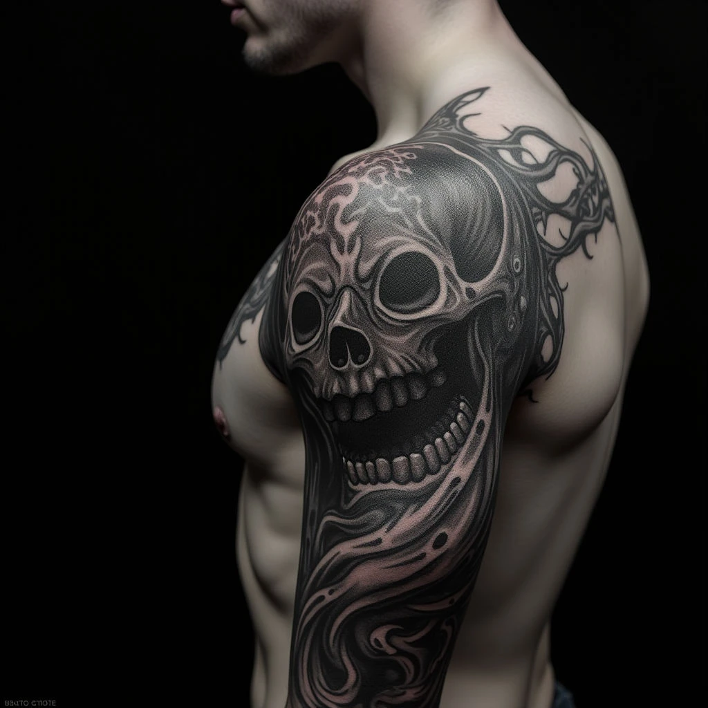 Small Illustrative Sternum Tattoos for Men: Black & Grey Neon Designs