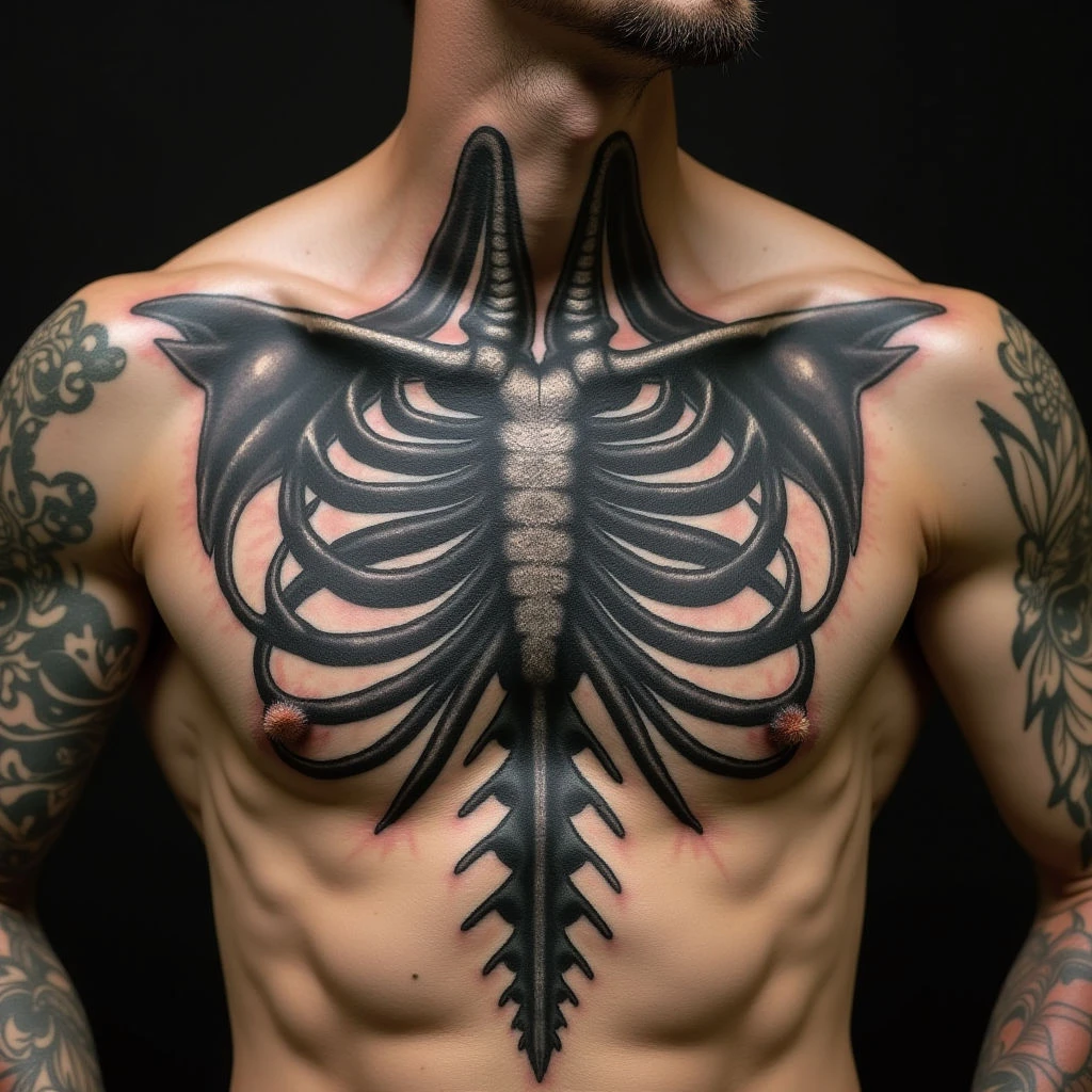 Small Mum Tattoos for Men: Biomechanical Sternum Designs