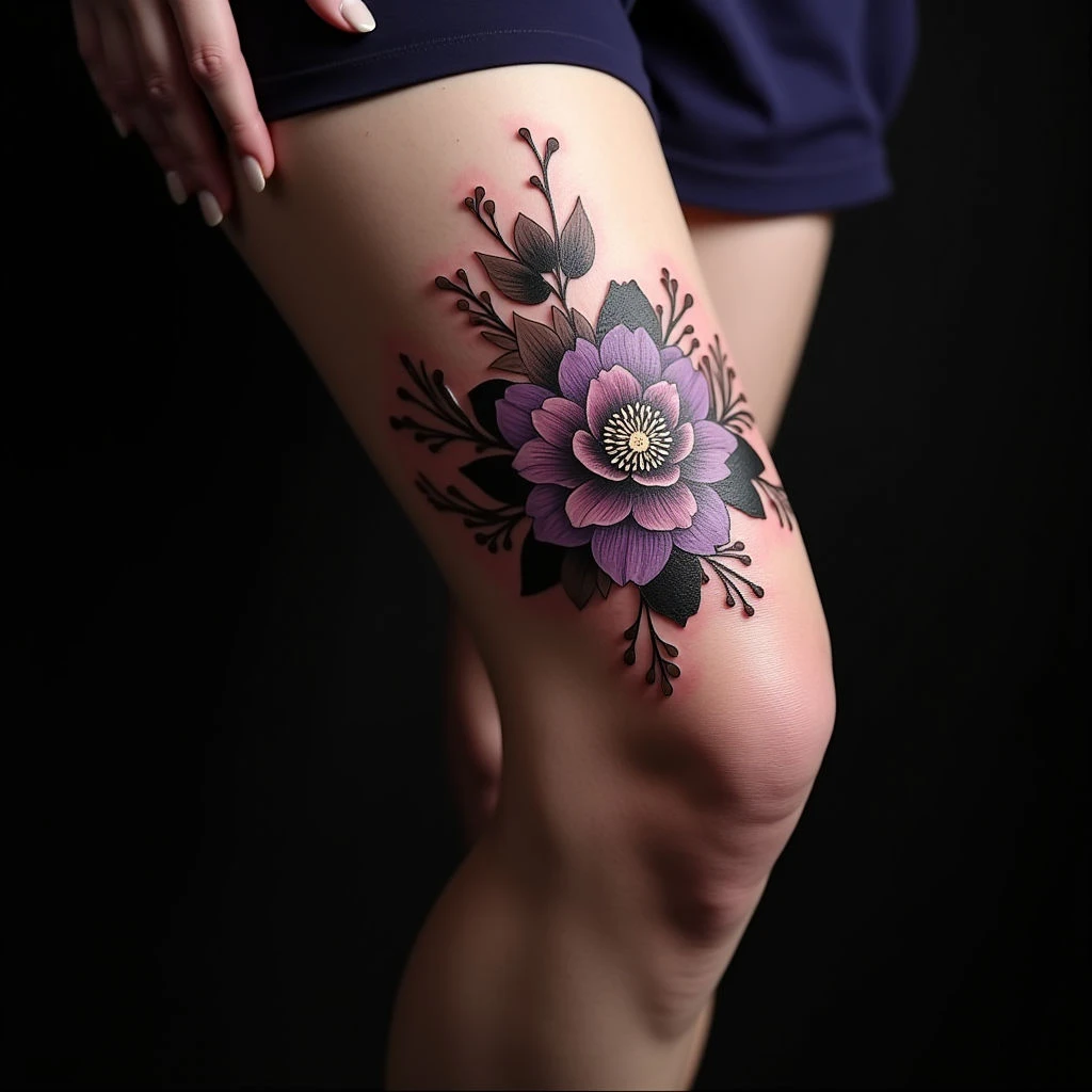 Small Oriental Knee Tattoos in Purple – Delicate Outline Designs