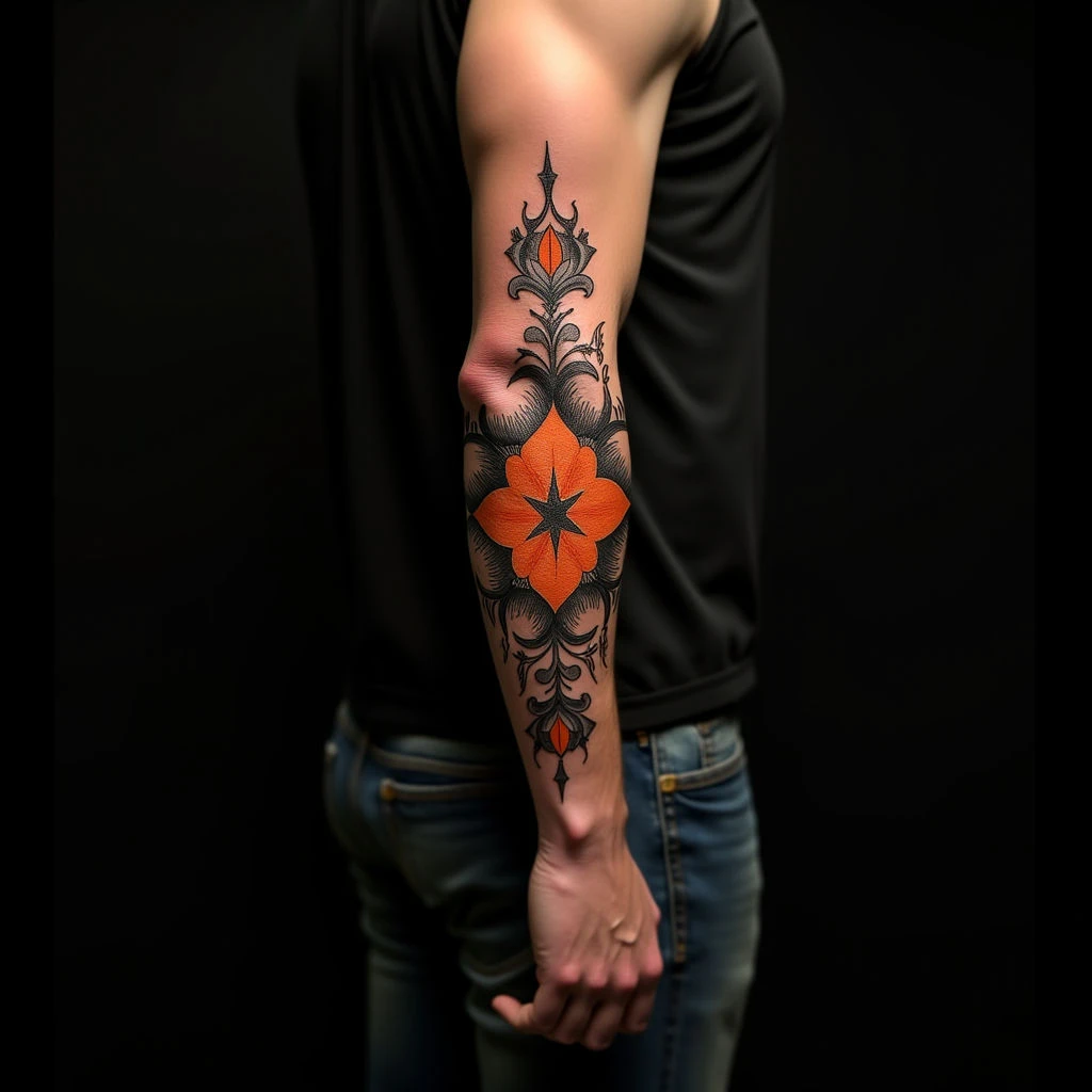 Vibrant Ornamental Forearm Tattoos for Men - Orange Designs
