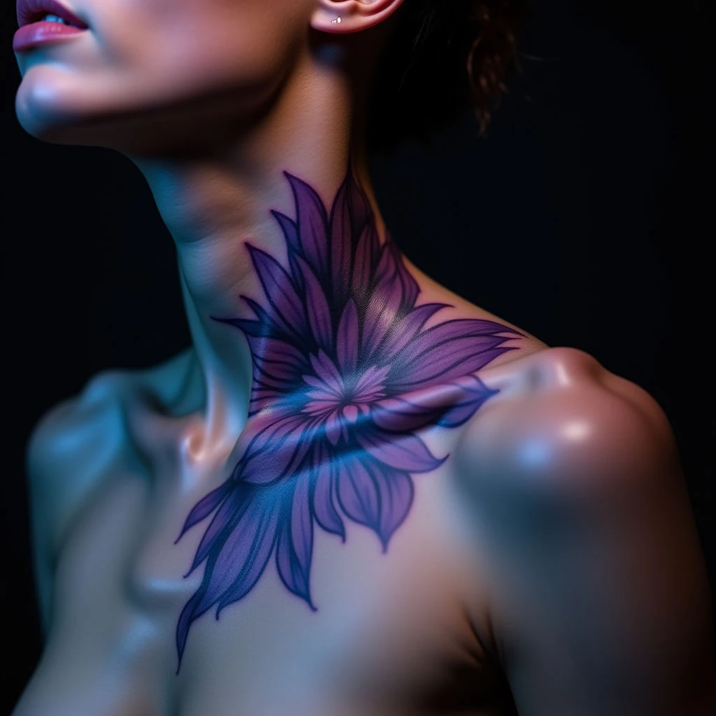 Tiny Surreal Neck Tattoos for Women in Blue & Purple Hues