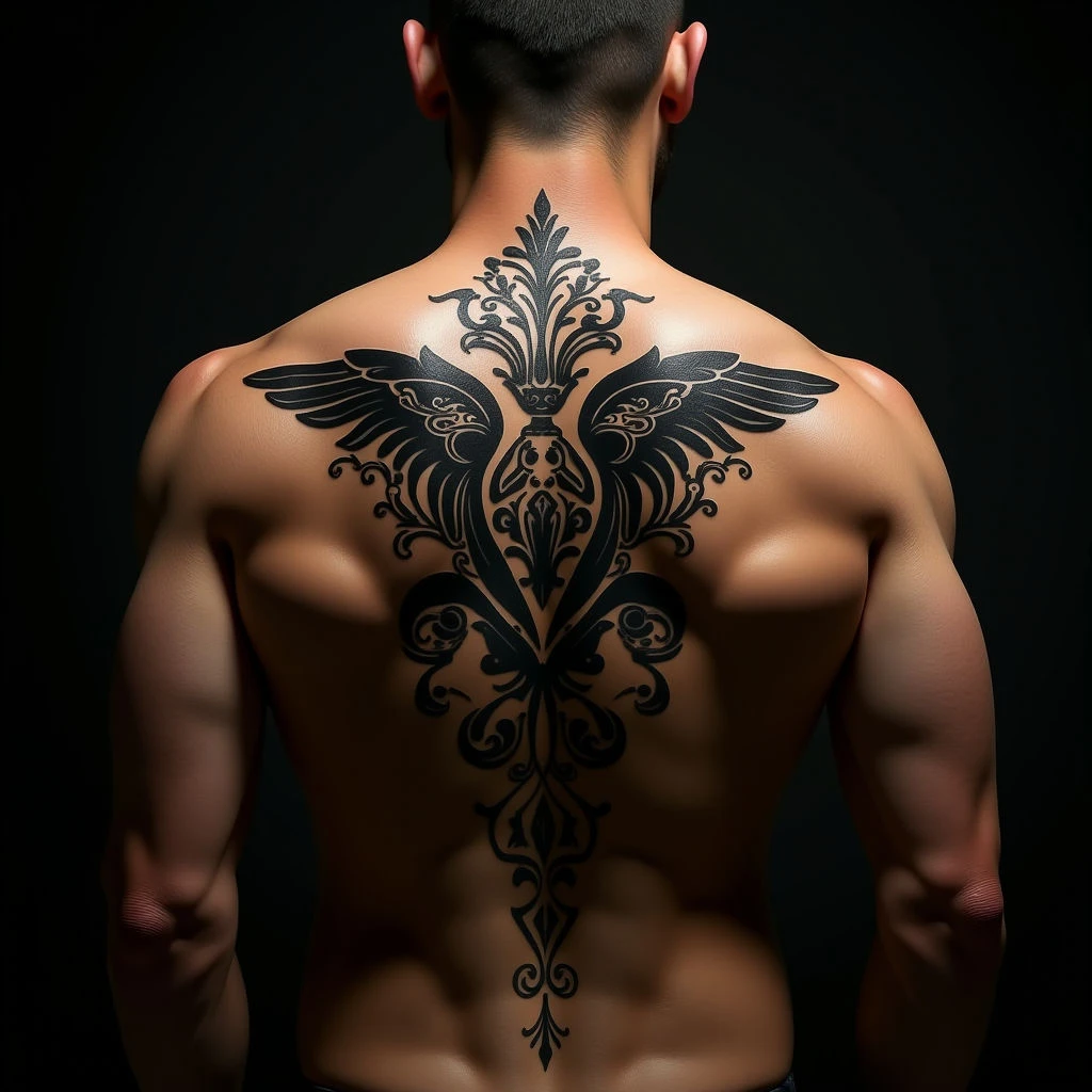 Majestic Traditional Back Tattoo Design in Black and Gold