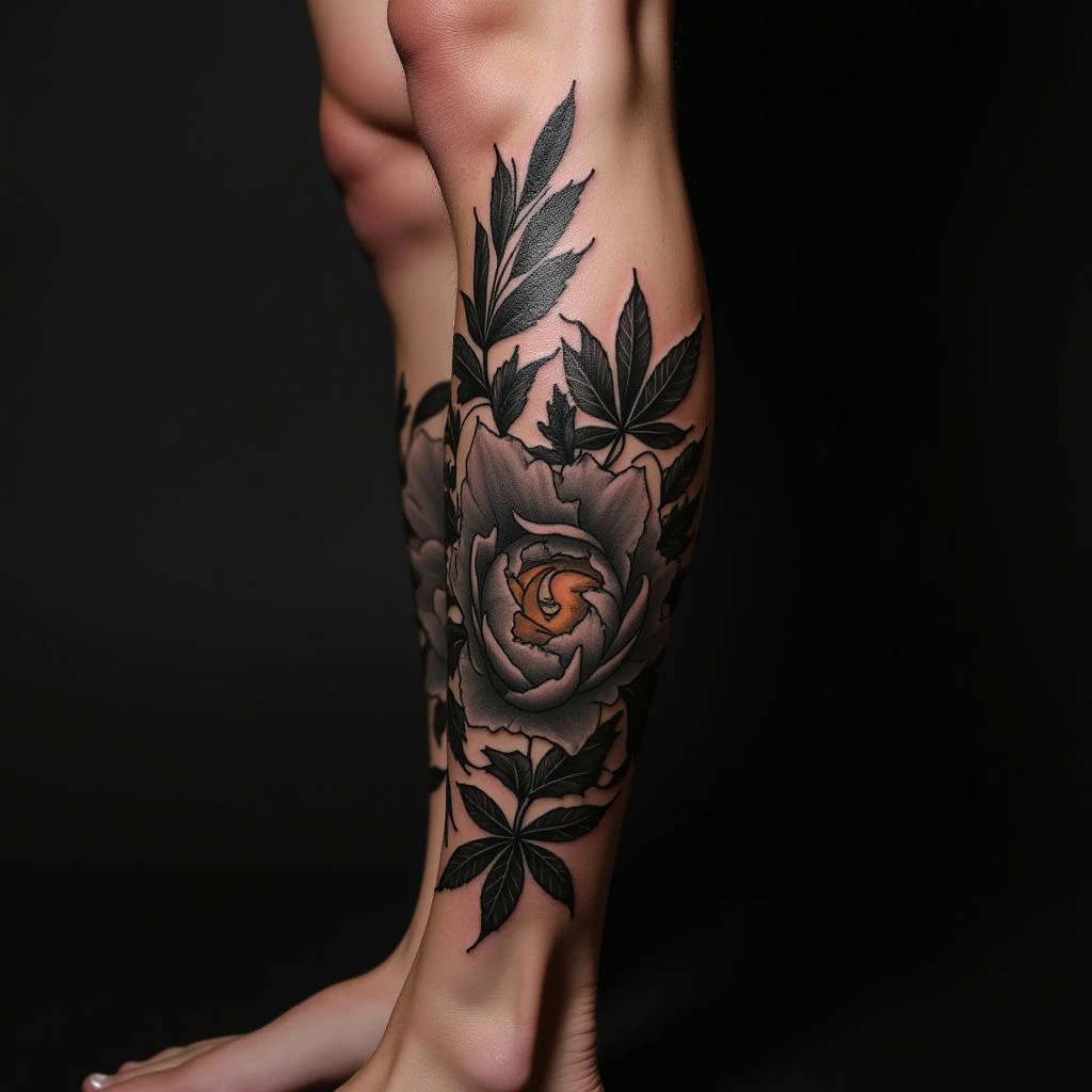 Beige Blackwork Calf Tattoos: Bold & Beautiful Designs