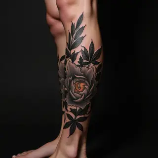 Beige Blackwork Calf Tattoos: Bold & Beautiful Designs