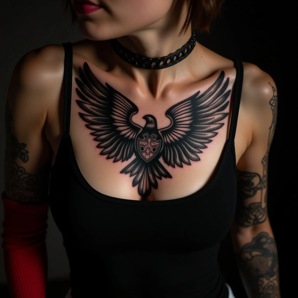 Red Blackwork Chest Cover-Up Tattoos for Women
