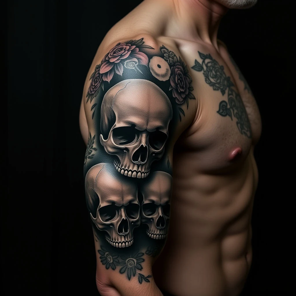 Bold Blue Half Sleeve Skull Tattoos: Dotwork Blackwork Inspiration