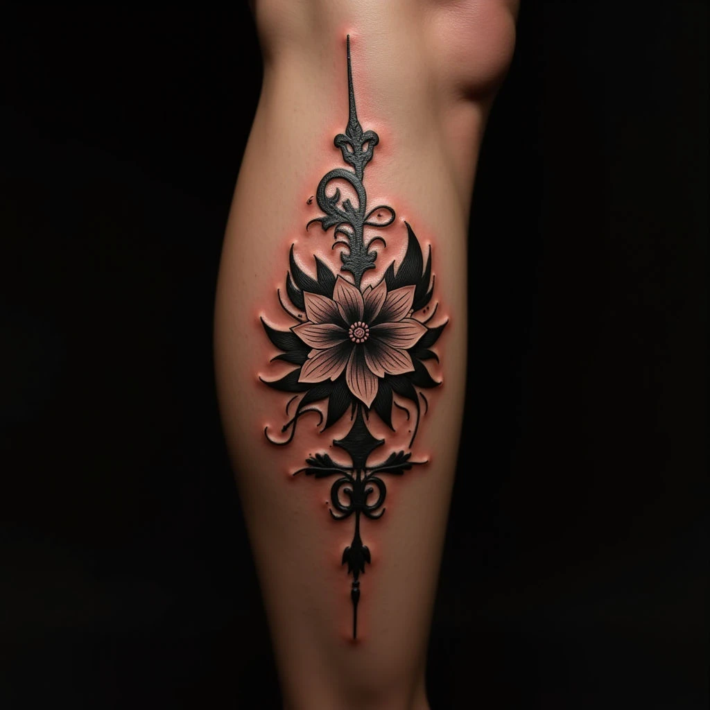 Striking Oriental Calf Tattoos with Blackwork & Copper Accents