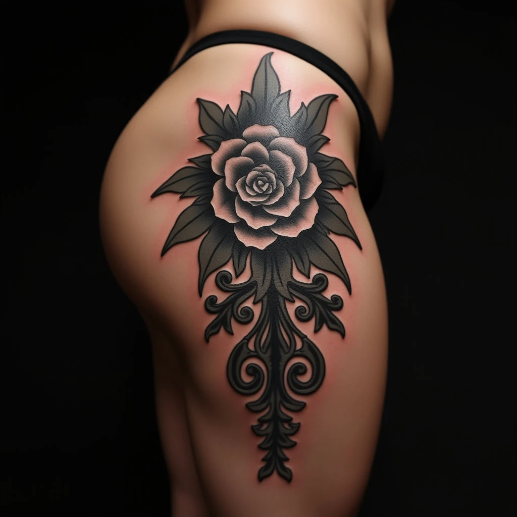 Dramatic Thigh Cover-Up Tattoos: Blackwork & Gold Accents