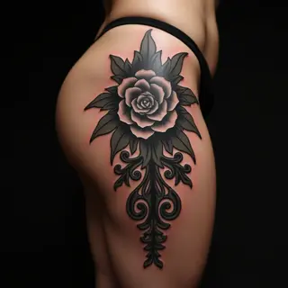 Dramatic Thigh Cover-Up Tattoos: Blackwork & Gold Accents