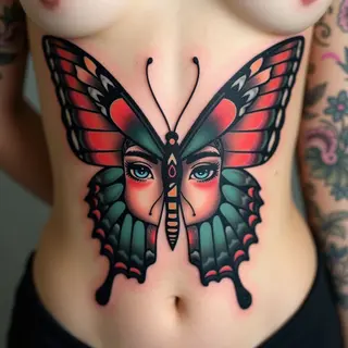 Neo-Traditional Butterfly Girl Tattoo on Stomach