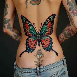 Neo-Traditional Butterfly Girl Stomach Tattoo